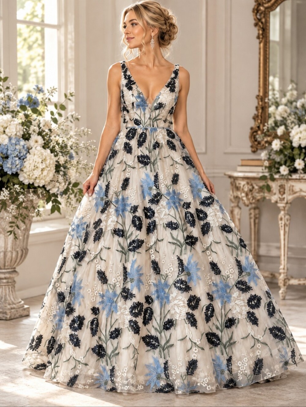 Princess Ballgown Beige Floral Embroidered Formal Dress Blue Sequins/Embroidery